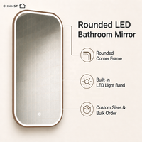 Miroir de salle de bain LED sur mesure avec cadre en bois, éclairage frontal, coins arrondis, capteur tactile, fixation murale