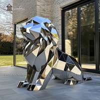 Sculpture de cour polie haute grandeur nature en acier inoxydable argenté Statue de lion géométrique