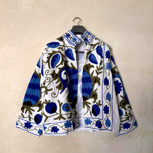 Premium White <b>Velvet</b> Embroidered Suzani <b>Jacket</b> with Blue Floral Pattern Full Sleeve Stand Collar Bohemian Autumn Outerwear - Product Image 1