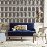 Papier peint non tissé gris vintage motif arche de singe, esquisse architecturale européenne, pour bureau