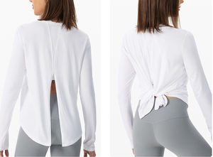 Camiseta deportiva holgada de secado rápido para mujer, camisetas de Yoga para ejercicio y Fitness, <span class=keywords><strong>Top</strong></span> transpirable de manga larga con espalda abierta para gimnasio - Product Image 4