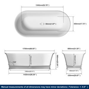 Baignoire Maydon Whirlpool en résine, baignoire autoportante de luxe en pierre de résine de 1700 mm, surface solide, blanc mat - Product Image 6