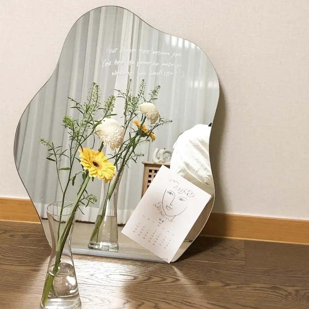 customized size frameless asymmetric shape dimension wall ultra clear glass mirror