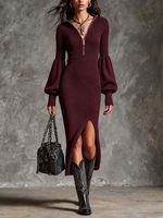 Nouvelle Arrivée Robe Midi Moulante en Maille Multicolore pour Femme avec Demi-Zip, Col Montant, Manches Lanterne et Fente Latérale