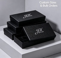 Boîte à bijoux rigide deux pièces avec logo personnalisé, couvercle et base en papier texturé noir pour bagues, colliers et montres