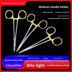 Penjepit Jarum Medis Bahan Stainless Steel Gagang Emas Inlay Clip untuk Bedah Kelopak Mata Ganda Jahitan Kelas I - Product Image 3