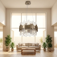 Luminaire Jingshi à anneau lumineux doré avec tubes en verre, panneaux texturés densément disposés en cercle, éclairage d'ambiance chaleureux pour la maison