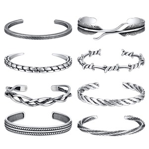 Vintage Antique Stainless Steel Open Cuff <b>Bangle</b> For <b>Men</b> Twisted Braid Feather Knot Mobius Design Retro Matte Waterproof Jewelry - Product Image 1