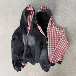 Vestes à fermeture éclair personnalisées à motif écossais, sweats à capuche double couche <span class=keywords><strong>en</strong></span> tissu gaufré pour hommes, 100% coton, sweats à capuche réversibles <span class=keywords><strong>en</strong></span> tricot gaufré de haute qualité - Product Image 1