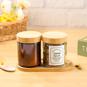 250ml xi lanh lọ thủy tinh cho uống gói bột cấp thực phẩm Jar tre muỗng hổ phách nắp tre sinh thái thân thiện <span class=keywords><strong>8oz</strong></span> thủy tinh container - Product Image 1