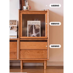 Solid Wood Side <b>Cabinet</b> 3 Compartments Storage Living Room <b>Cabinet</b> Cherry Color <b>Pine</b> Wood - Product Image 4