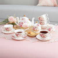 Service à thé et café de luxe 21 pièces en porcelaine fine, écologique, style nordique européen, 800 ml, motif floral rose, idéal pour mariages et réceptions
