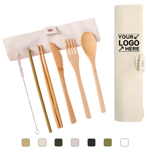 Juego de Cubiertos de Bambú Personalizable con Logotipo/Bolsa de Viaje, Cuchara, Tenedor, Palillos y Pajita de Alta Calidad, con Estuche - Product Image 1
