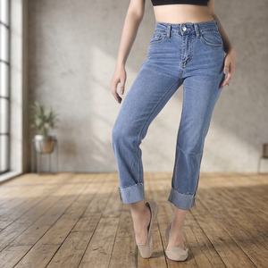 Jean large pour femme 100% Coton respirant, coupe classique, en denim déchiré personnalisé, taille haute, style vintage, avec trous, rivets et broderie unie - Product Image 2