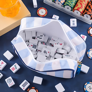 Sac de rangement pour tuiles de mahjong en toile rayée personnalisée Royal Fair avec pompon, sacs de rangement en velours pour plateau de mahjong américain, idéal pour les soirées de jeu en famille et les voyages - Product Image 4