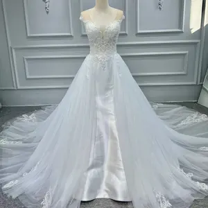 廉价高品质蕾丝肩带米色白色婚纱新娘礼服