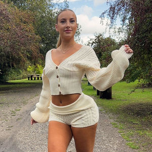 <b>Women</b> Knit Two Piece Set <b>Cropped</b> Button <b>Cardigan</b> Top High Waist Shorts Slim Fit Cozy Lounge Outfit - Product Image 3