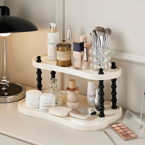 Cosmetic Storage Organizer Desktop Makeup Holder Plastic Two Tier With <b>Black</b> Beaded Legs For Skincare And Perfume - Product Image 1