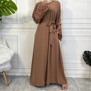 6659# Modern Dubai Lace Cuff Nida Abaya Front Zipper Solid Color Long Sleeve Modest Muslim Dress - Product Image 2