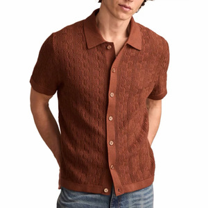 Men's Textured Knitted Button-<b>Down</b> Short Sleeve Shirt Casual Loose Breathable Retro Top Brown Smlxlxxl - Product Image 1
