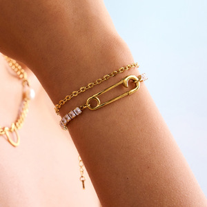 Bracelet en acier inoxydable avec chaîne en zircon blanc, design trombone, double couche, bijoux dorés - Product Image 3