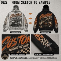 Sweat à capuche zippé 430 GSM 100% Coton Coupe Boxy Délavé à l'acide Street Racing Impression DTG effet craquelé Flamme Strass Fabricant de streetwear personnalisé