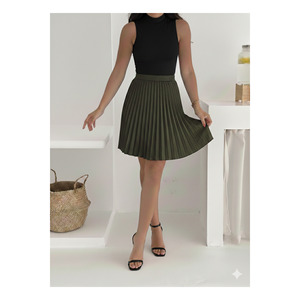 Minifalda plisada color caqui para mujer, cintura elástica, tela satinada, 45 cm, no transparente - Product Image 3