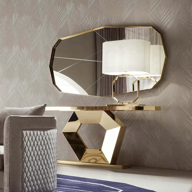 Consola de lujo de acero inoxidable con espejo para sala de estar, mesa de entrada, esquina, pasillo, dorada, consola de TV