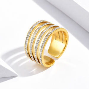 แหวนเซอร์คอนโค้งหลายชั้น สแตนเลสสตีล ชุบทอง 14K แบบสุญญากาศ แหวนเซอร์คอนแบบปรับขนาดได้ - Product Image 1