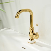 Robinet de lavabo de salle de bain WEIHAO en laiton poli doré avec poignée en céramique blanche, mitigeur eau chaude et froide monotrou