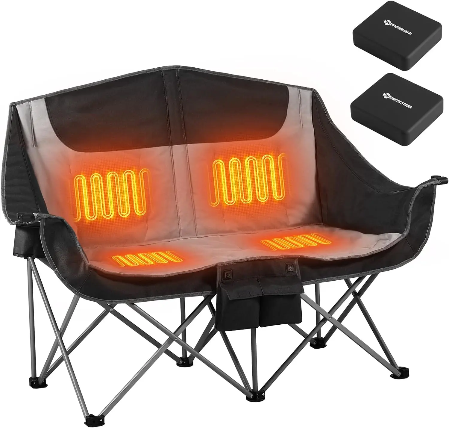 Heated Double Camping Chair, 2-Person Folding Chair with 12V 16000mAh Battery Pack, Heated Portable Loveseat Chair, for Outdoor