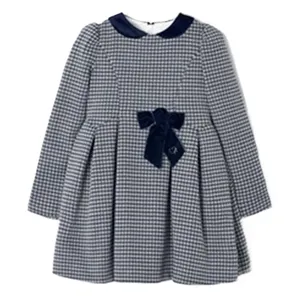 Vêtements épais d'automne et d'hiver en velours avec nœud pour filles, col claudine classique, motif chidori à carreaux, manches longues, robe 4-7 ans pour filles