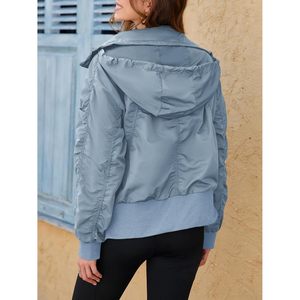 Womens Windbreaker Crop Jacket Long Sleeve Zip Up Hidden Hooded Winter Bomber With Pockets - Product Image 5