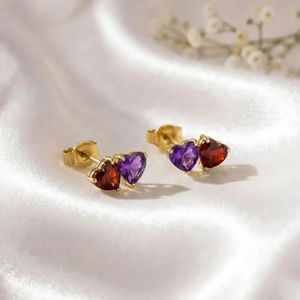Natural <b>Garnet</b> Amethyst <b>Earrings</b> Heart Shape Red Purple Gemstone Studs <b>Earrings</b> Minimalist Gold Silver Jewelry Gift for Her - Product Image 5