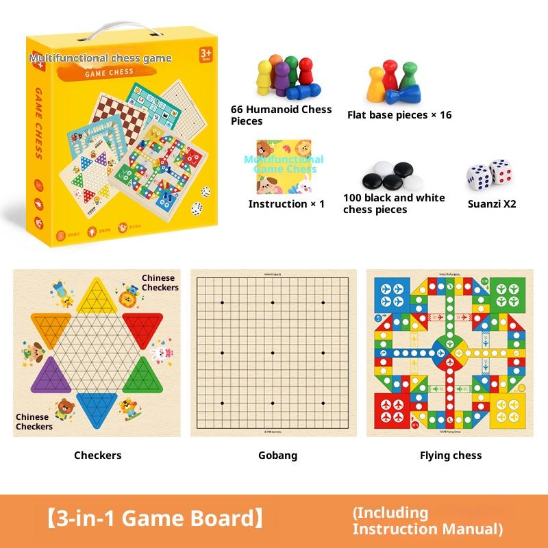Ajedrez tres en uno, gobang y parchís volador.