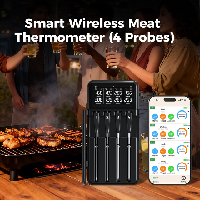 Smart Wireless Meat Thermometer with App Control 820FT BT Long Range 4 Probes LCD Display IP67 Waterproof for BBQ Grill Oven