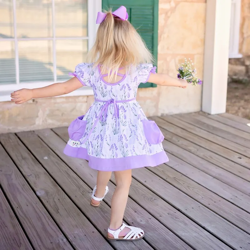 Vestido de princesa de gasa para niñas, de lujo, con manga corta y cuello redondo, púrpura, Floral, para fiesta de cumpleaños