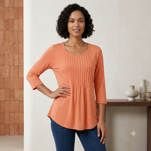 T-shirt plissé orange à manches courtes et col rond pour femme, coupe décontractée, tricoté 100 % coton anti-boulochage, vente en gros - Product Image 1