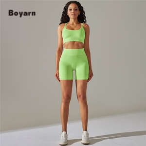 Boyarn femmes élastique dos croisé Sport soutien-gorge licou soutien-gorge sans couture 4 pièces ensemble ventre contrôle bout à bout levage pantalon Yoga Gym Fitness ensemble - Product Image 3