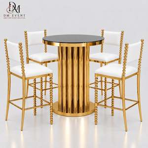 Custom Gold Stainless Steel Round Grooved Column Cocktail <b>Table</b> with <b>Mirrored</b> Tempered Glass Top for Wedding Events - Product Image 1