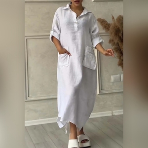 Robes chemises décontractées pour femmes, en coton et lin, couleur unie, avec poche à revers, tendance - Product Image 3