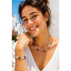 Parure de bijoux bohèmes en verre perlé, collier et <span class=keywords><strong>bracelet</strong></span> multicolores avec breloque fleur grecque Mati et pendentifs aux quatre motifs - Product Image 6