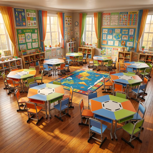 Muebles escolares, mesa <span class=keywords><strong>de</strong></span> entrenamiento hexagonal plegable y silla, escritorio y silla plegables trapezoidales móviles para estudiantes <span class=keywords><strong>de</strong></span> primaria - Product Image 1