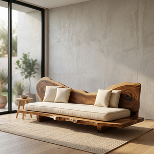 Sofá Cama Cuadrado Minimalista de Lujo con Tablero de Madera Suar y Borde Natural para Muebles de Resort o Villa - Product Image 2