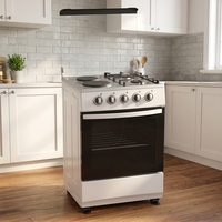 Cuisinière à gaz et électrique avec four, autoportante, 2 brûleurs, 2 plaques chauffantes, corps blanc, appareil de cuisson domestique avec porte en verre