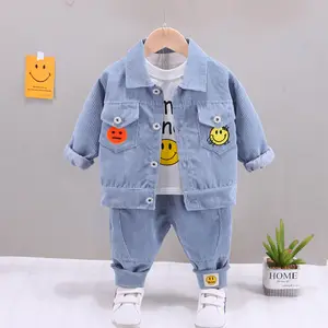 Children's Set New Spring and Autumn Season Boys and Girls Baby Corduroy Lapel Smiling Face Three Piece Set Long Sleeve Set