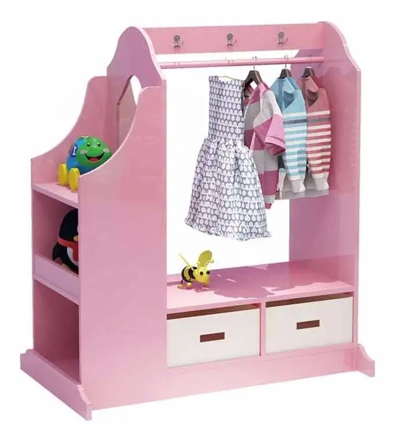 Benutzer definierte rosa Holz Kleinkind spielen Kostüm Kleidung Lagerung Kinder Kinder Kleider schrank mit Spiegel und Schrank