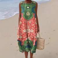 Robe midi décontractée ample pour femme, nouvelle collection été, respirante, douce, imprimé floral bohème, sans manches, idéale pour la plage
