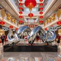 Statue de perle Loong en acier inoxydable poli, grand format, style moderne et contemporain, pour centre commercial, sculptures en acier inoxydable