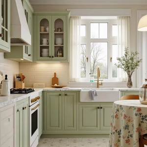 Vintage Inspired Mint Green Kitchen Cabinet Set Romantic Shaker Style for Country Home - Product Image 1
